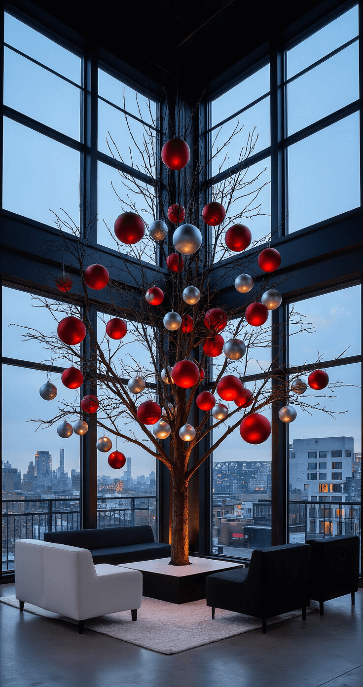 Contemporary open-concept space featuring an oversized minimalist tree adorned with large matte red spheres and metallic silver teardrops, set against dramatic twilight blue hour lighting; the scene includes black and white modern furniture, with ultra-wide architectural perspective highlighting the dramatic side lighting that emphasizes ornament silhouettes.