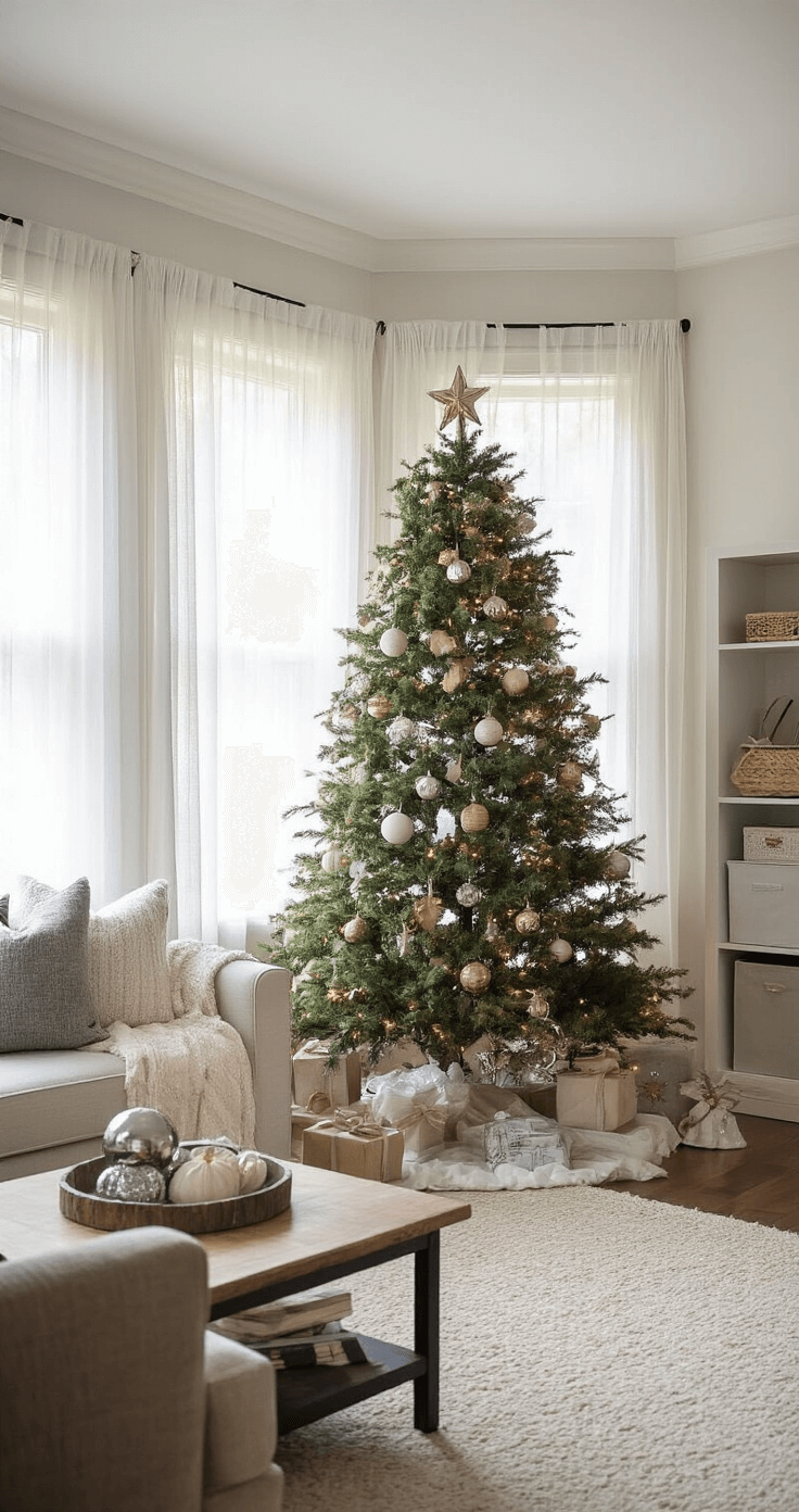 Cozy family room featuring a bay window with filtered mid-morning light, adorned with a family-friendly Christmas tree decorated with a mix of high-end mercury glass and shatterproof ornaments, alongside visible playroom storage in the background.