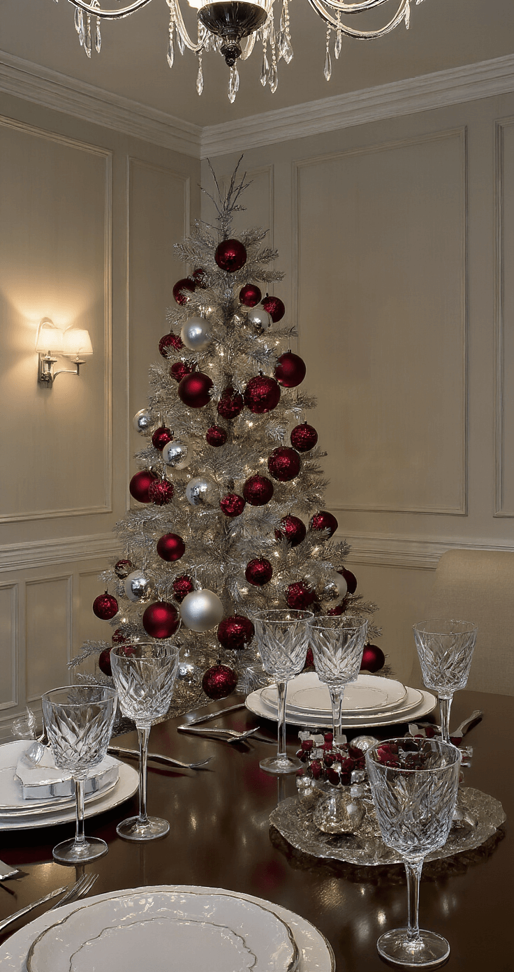 Luxurious dining room featuring wainscoting, dimmed chandelier lighting, and a slim pencil tree adorned with metallic silver and deep wine red ornaments, set for an intimate dinner party with crystal table settings visible from table height.