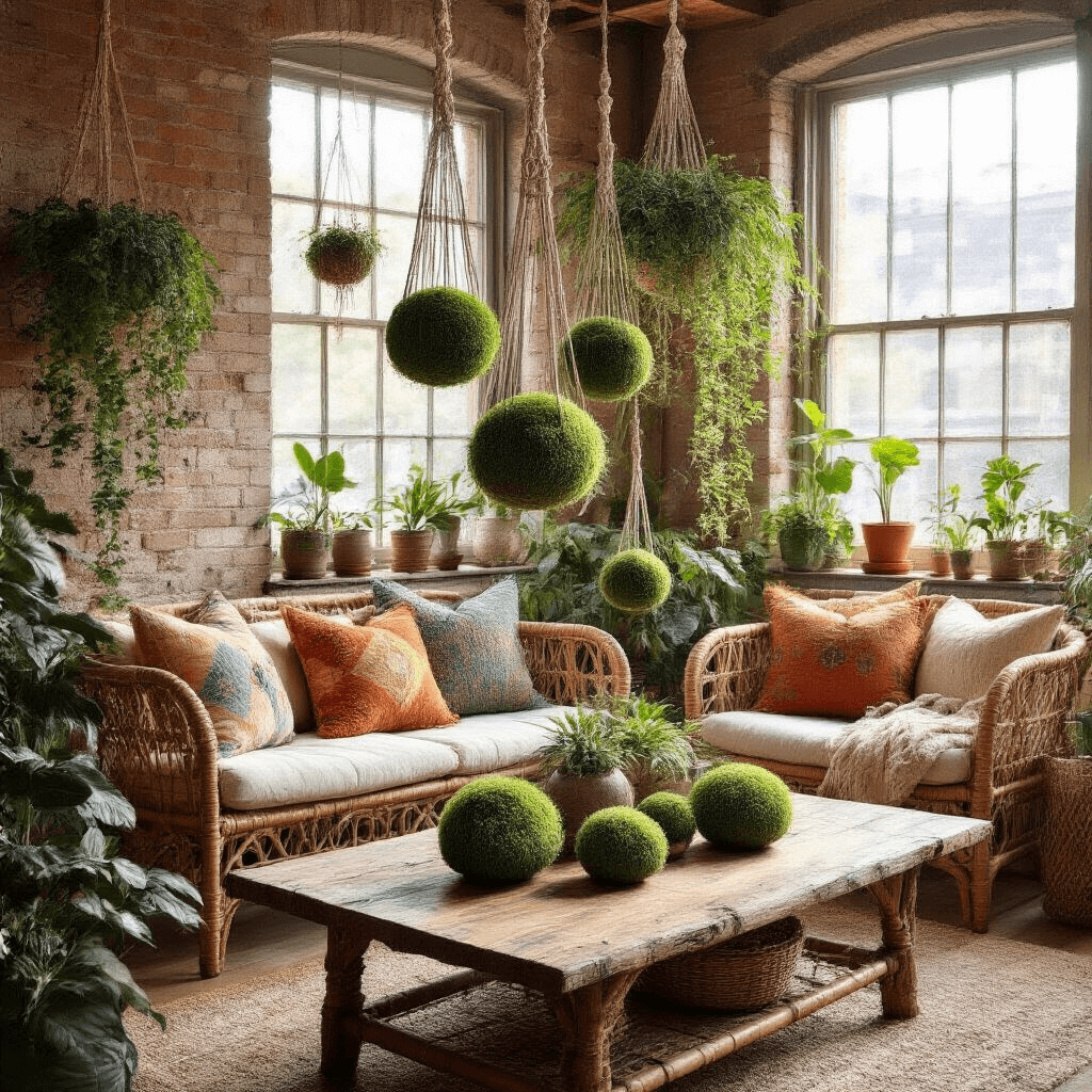 A cozy bohemian living room with exposed brick walls, rattan furniture, and an array of suspended kokedama moss balls on a rustic wooden coffee table, all bathed in soft afternoon sunlight.
