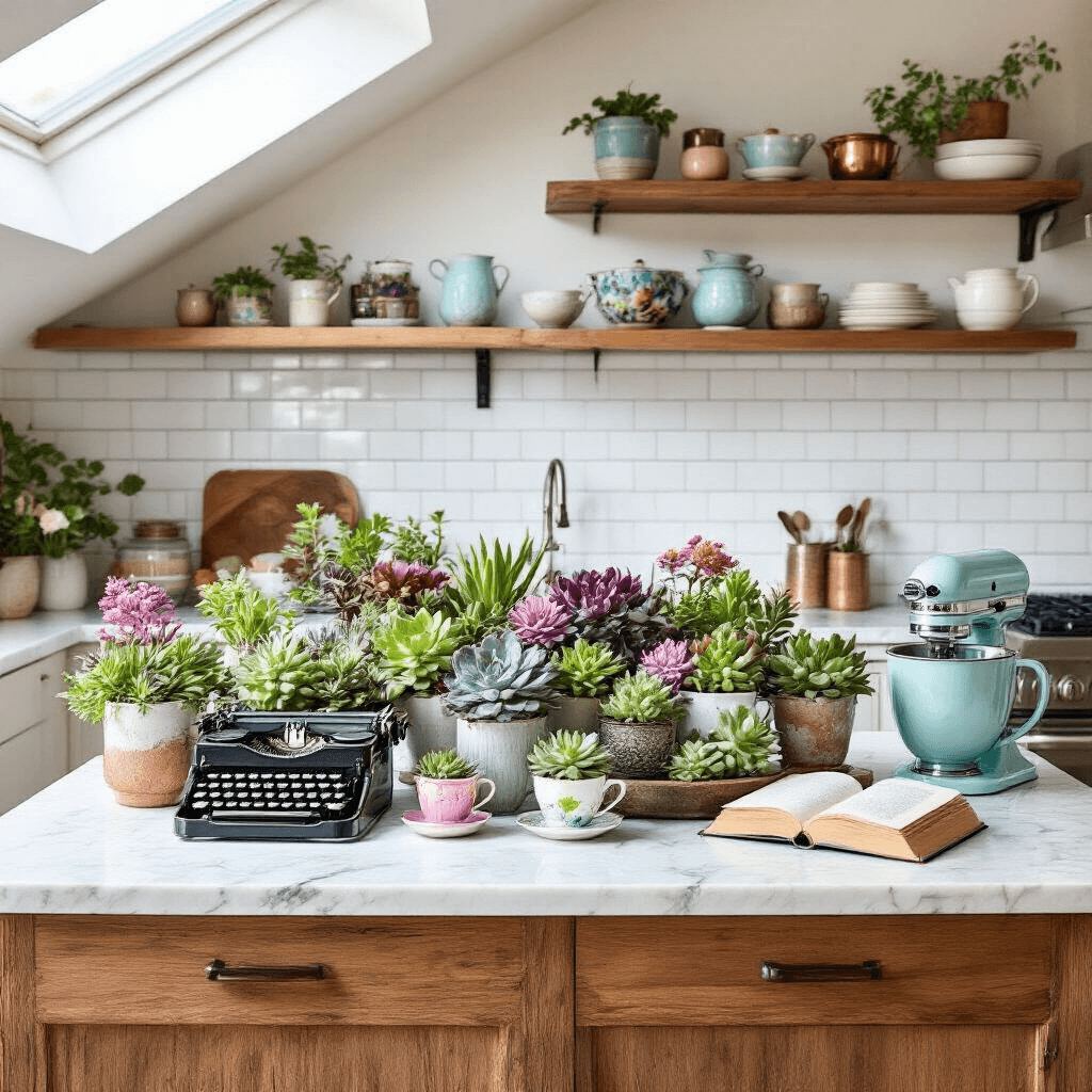 A bright, modern kitchen featuring a white subway tile backsplash and marble countertops, with a central island adorned with quirky vintage containers overflowing with vibrant succulents, an old typewriter, colorful teacups, and a hollowed book. The space is illuminated by morning light streaming through a large skylight, showcasing sleek stainless steel appliances and warm wooden open shelving, complemented by copper accents and a pastel blue KitchenAid mixer.
