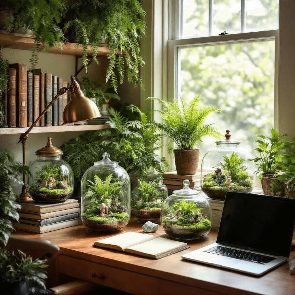 A cozy home office nook featuring a built-in desk facing a window, adorned with various glass terrariums filled with ferns, moss, and tropical plants, alongside vintage books, a brass lamp, and a laptop, all bathed in warm light.