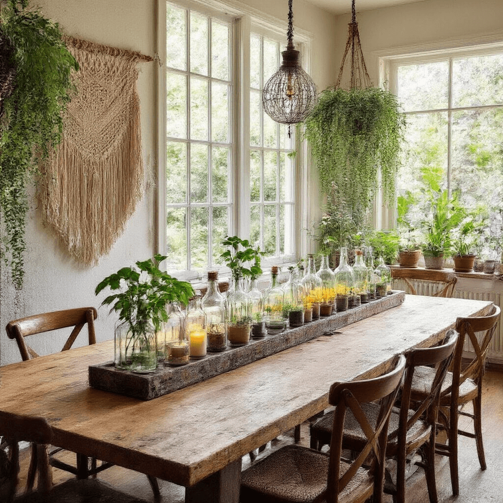 A sunlit dining room with floor-to-ceiling windows, featuring a reclaimed wood farmhouse table adorned with an eclectic propagation station of glass bottles and test tubes holding plant cuttings, surrounded by mismatched vintage chairs and a macramé wall hanging, all in a warm, inviting atmosphere.