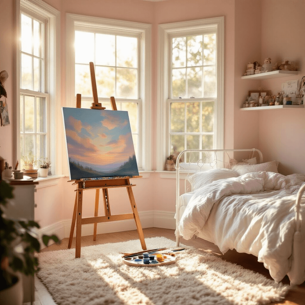 A sunlit teenage girl's bedroom featuring a bay window, white wooden easel with a half-finished sky painting, pastel pink accent wall, white iron bed, and fluffy duvet, surrounded by art supplies on floating shelves, with a cream shag rug on hardwood floor, all bathed in warm golden hour light.