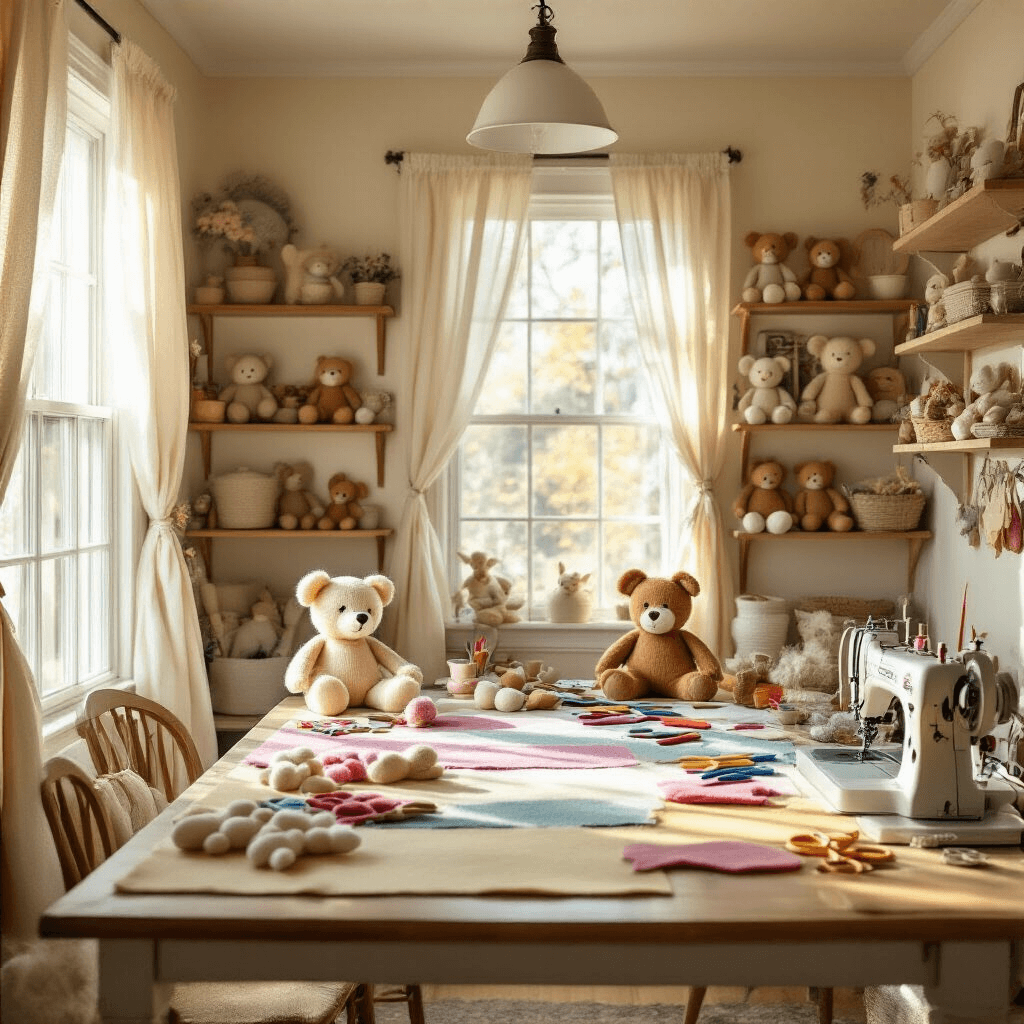 A cozy craft corner in a living room features a large farmhouse table surrounded by colorful felt and teddy bear creations, with shelves displaying completed plush characters. Sheer curtains let in soft morning light, highlighting a vintage sewing machine and a warm palette of creamy whites and pastels in a whimsical, inviting atmosphere.