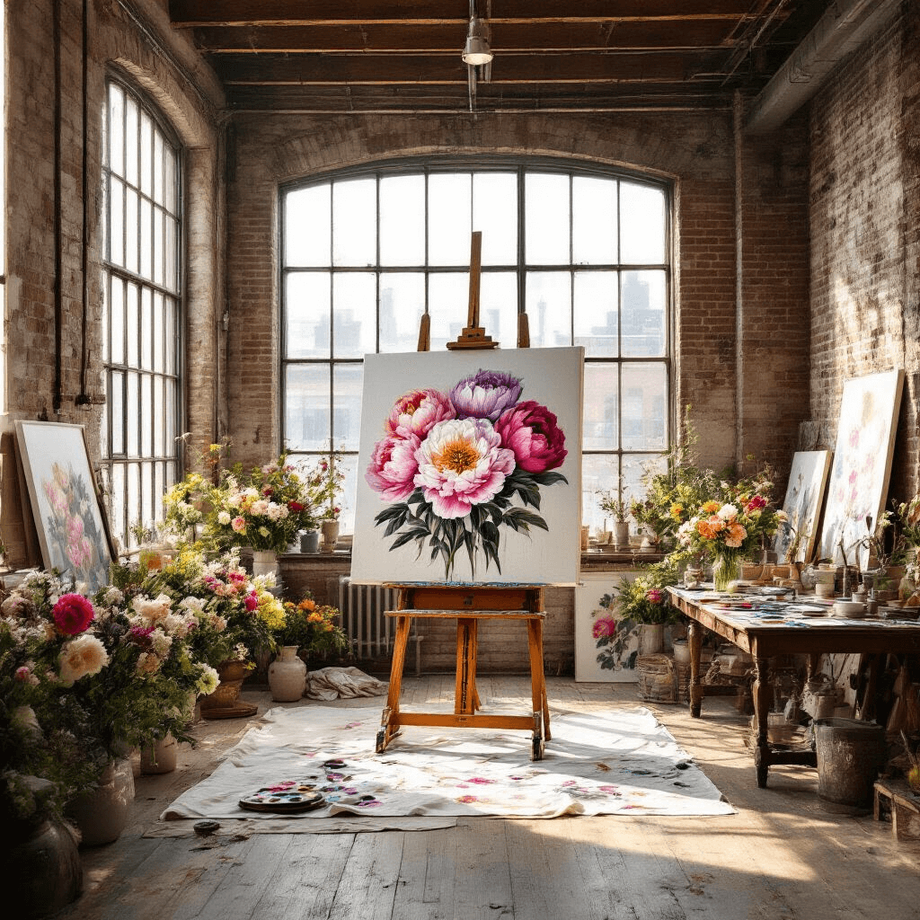 A bright artist's studio loft with exposed brick walls and large industrial windows, featuring a vibrant work-in-progress of peonies on an ornate easel, surrounded by floral references and paint-splattered drop cloths on wooden floors.
