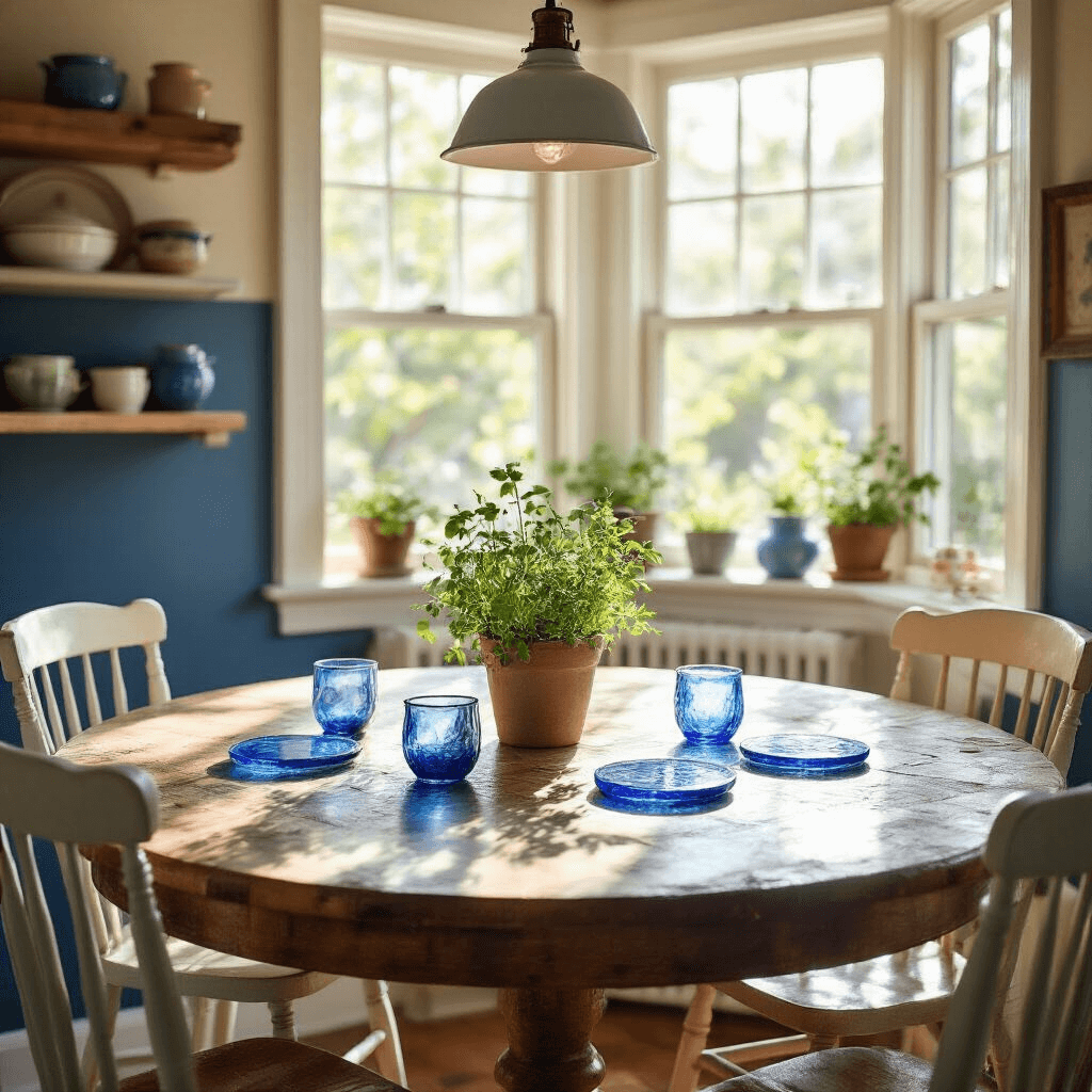 A sunlit kitchen nook featuring a rustic wooden table with handmade cobalt blue and white glass coasters, surrounded by mismatched pastel-painted chairs. Open shelving displays colorful ceramics, while a potted herb garden sits on the bay window sill, all set against warm cream walls and a deep blue accent wall.