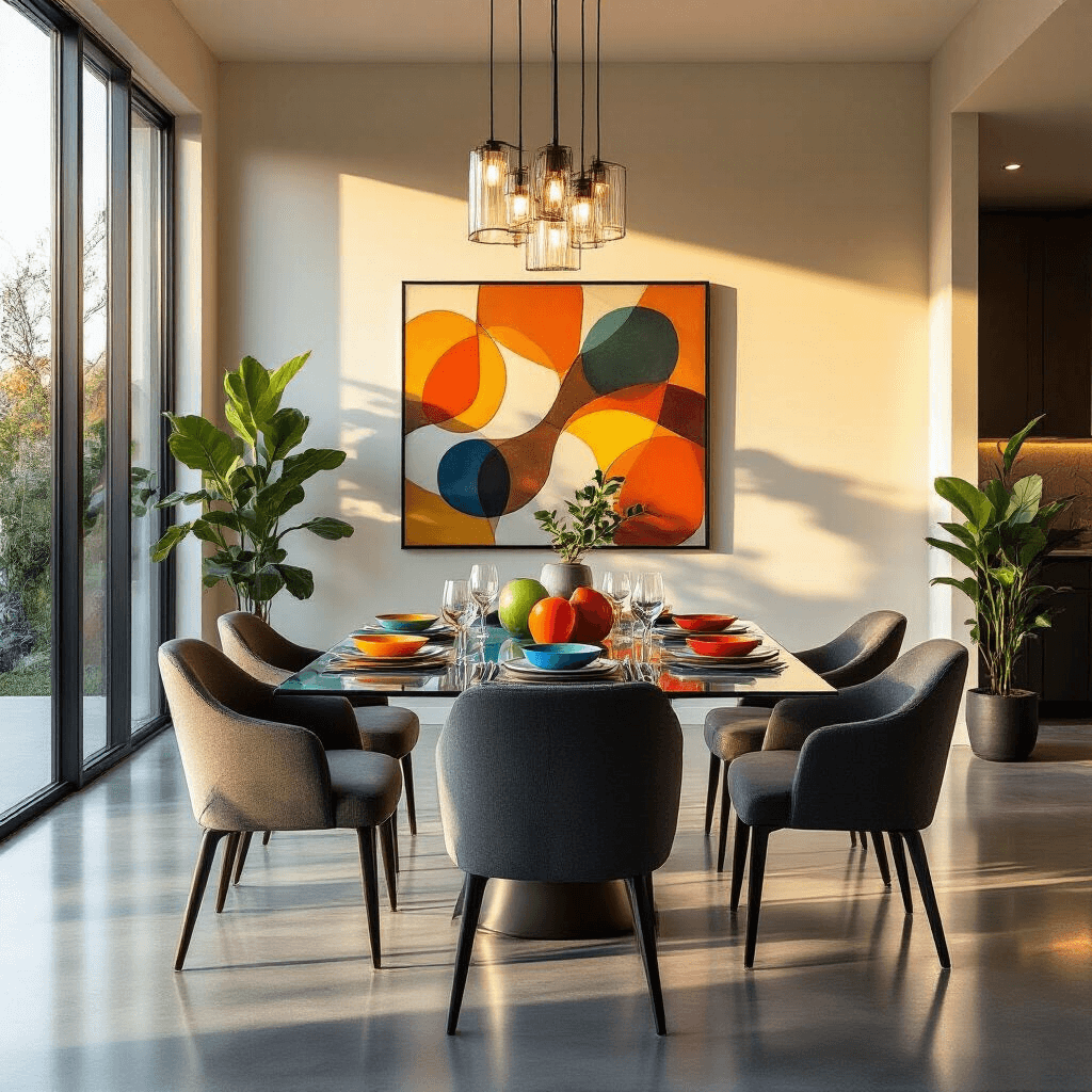 A modern dining room with floor-to-ceiling windows, featuring a sleek glass dining table set with vibrant geometric fused glass plates, surrounded by charcoal grey chairs. A minimalist chandelier hangs above, and warm golden hour light reflects off polished concrete floors. A large abstract canvas adorns one wall, complemented by fiddle leaf fig plants. Shot from slightly above, highlighting the elegant table setting.