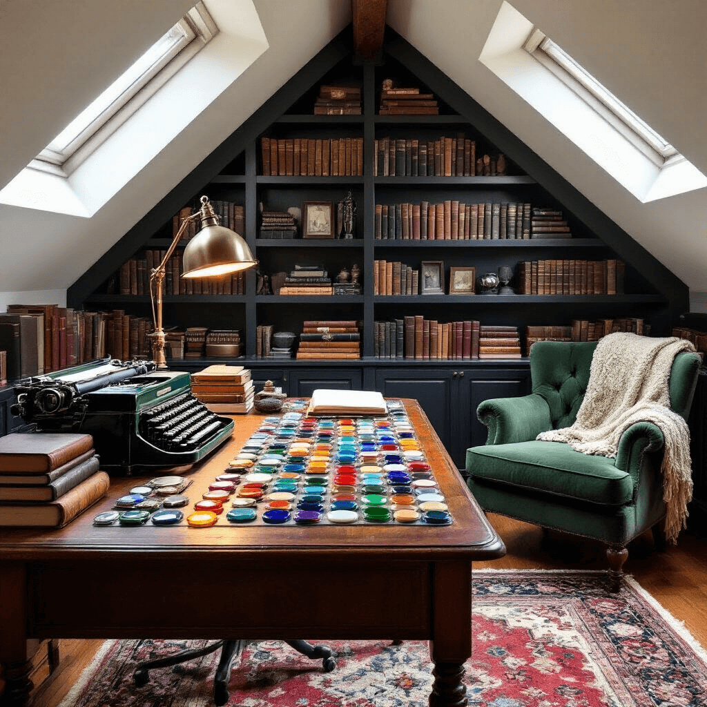 A cozy home office with a slanted ceiling, featuring a vintage writing desk adorned with colorful glass magnets, an antique typewriter, and leather-bound books. Dark wood bookshelves line the walls, while a plush green velvet armchair with a handknit throw sits in the corner. A Persian rug in muted tones covers the hardwood floor, all illuminated by soft light from a skylight, creating a whimsical yet studious ambiance.