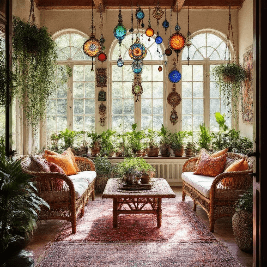 A vibrant bohemian sunroom filled with colorful light from hanging glass suncatchers, featuring rattan furniture, bright cushions, potted succulents, macramé wall hangings, and vintage rugs, captured from a corner angle.