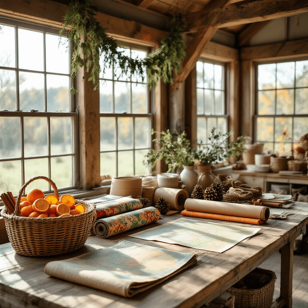 A cozy sunlit craft room with large windows and exposed wooden beams, featuring a rustic farmhouse table adorned with eco-friendly gift wrapping materials, a basket of dried orange slices and cinnamon sticks, and a garland of dried herbs. The space is filled with earthy tones and pops of deep green and burnt orange, illuminated by soft, warm natural light.