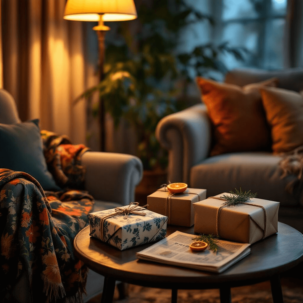 A cozy living room corner at dusk features a plush armchair next to a side table adorned with uniquely wrapped eco-friendly gifts, including a book in a vintage silk scarf, a kraft paper box tied with twine and rosemary, and a newspaper-wrapped present with a dried citrus slice, all illuminated by warm lamp light.