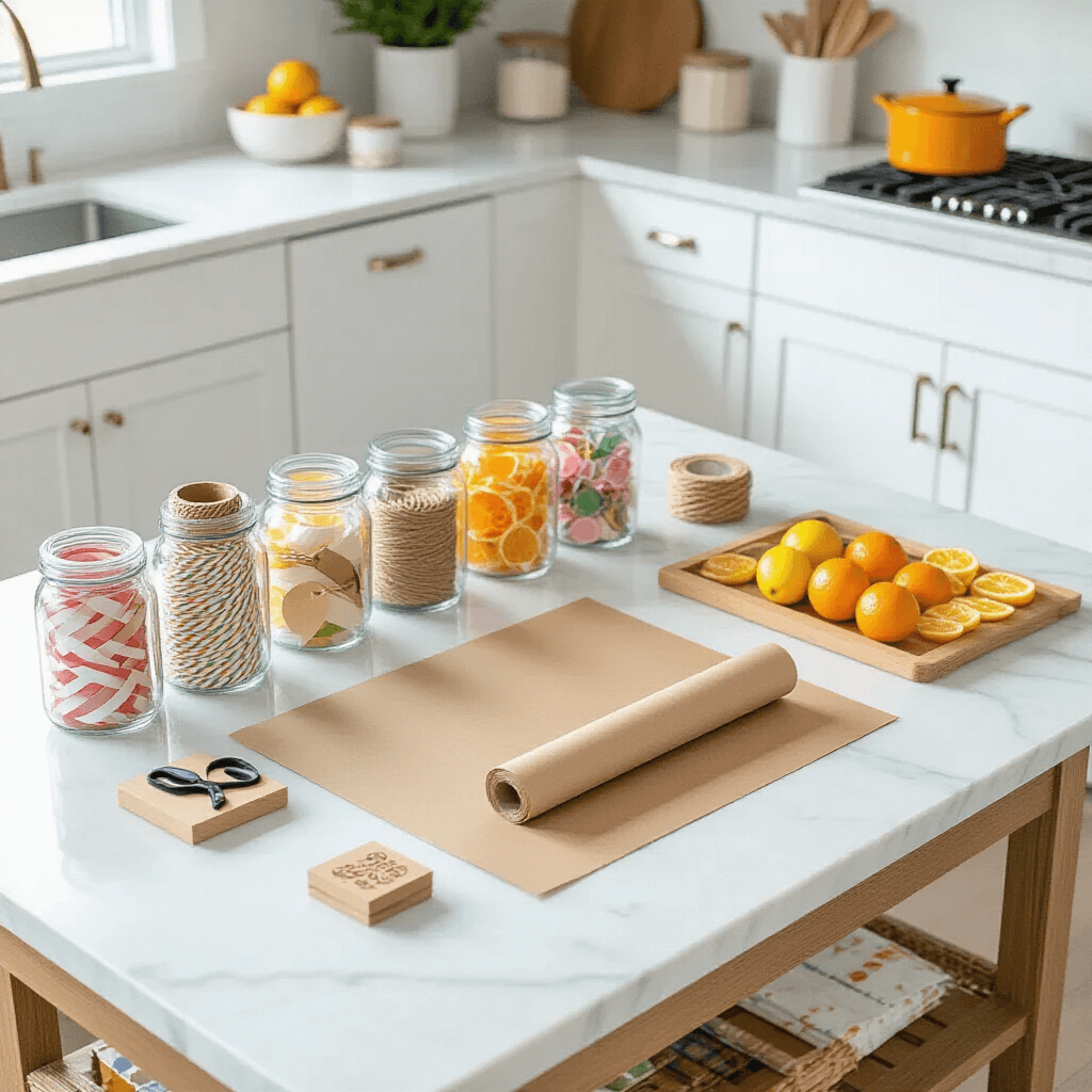 A modern kitchen with white cabinets and a marble island featuring a DIY gift wrapping station, including jars of ribbons, a roll of hand-stamped kraft paper, scissors, and a wooden drying rack with dried citrus slices, all in bright, even lighting.