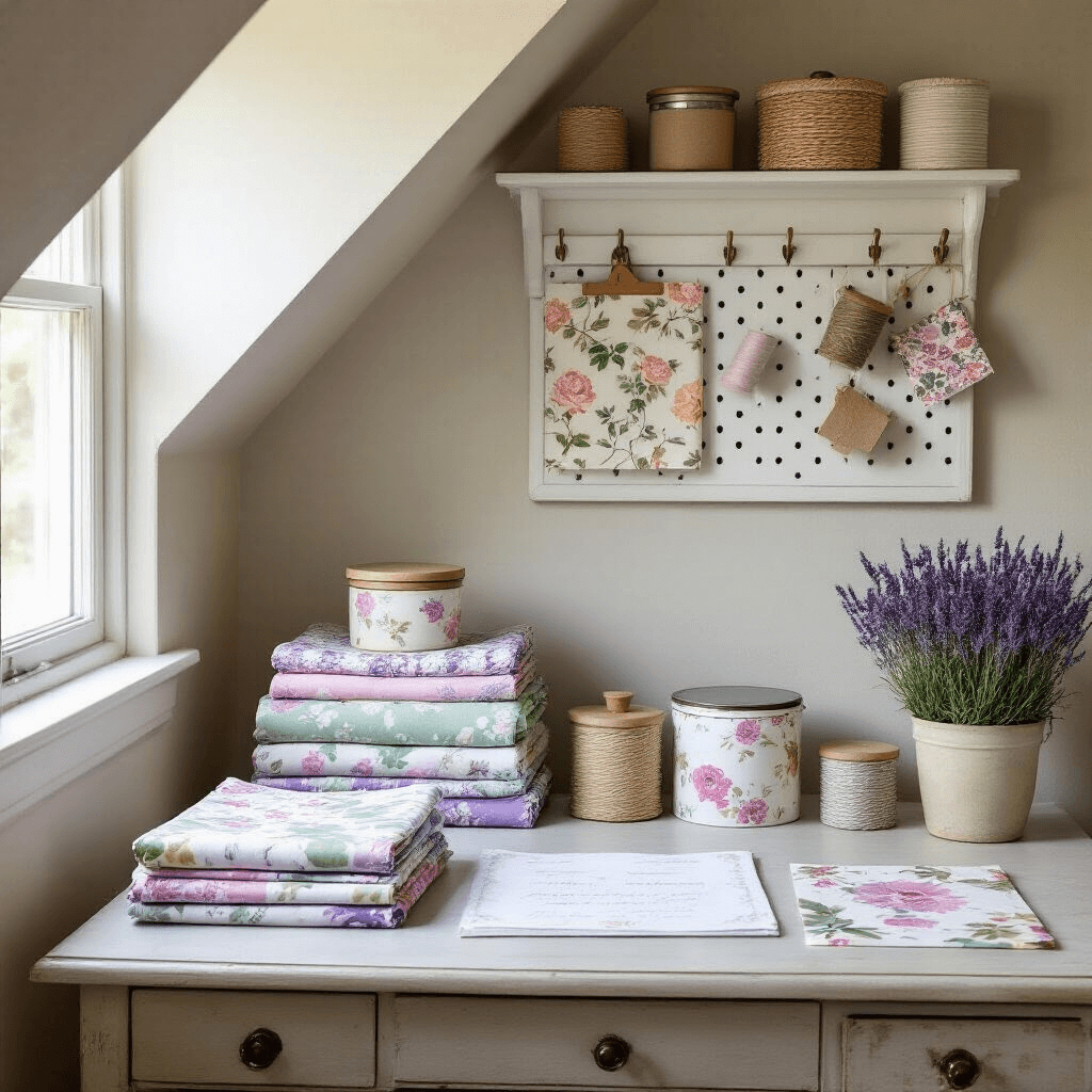 A cozy home office nook under a slanted ceiling features a vintage writing desk facing a sunny window, adorned with colorful upcycled gift wrap options, decorative tins, and illustrated recycled paper. Above, a pegboard organizes baker's twine and paper ribbons, while a potted lavender plant adds a natural touch. The soft color palette includes lavender, sage green, and warm beige, illuminated by soft afternoon light creating a serene and eco-chic atmosphere.