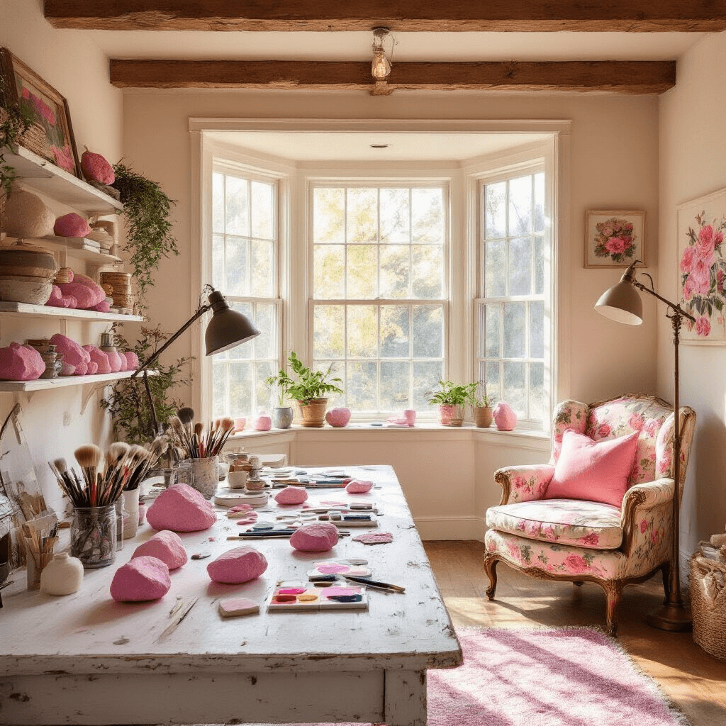 A cozy craft room filled with warm afternoon light, featuring exposed wooden beams, a large bay window, and a distressed white table covered in pink-painted rocks and art supplies. Shelves showcase finished rock art, while a vintage floral armchair and a floor lamp add charm. The space has a soft pastel color palette with vibrant pink accents, captured in a wide shot from an elevated angle.