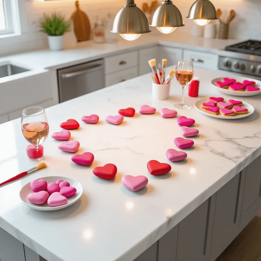 A modern kitchen island transformed into a Valentine's Day rock painting station, featuring a sleek marble countertop with pink heart-painted rocks, organized painting supplies, a glass of rosé, and heart-shaped cookies, all under bright pendant lights.