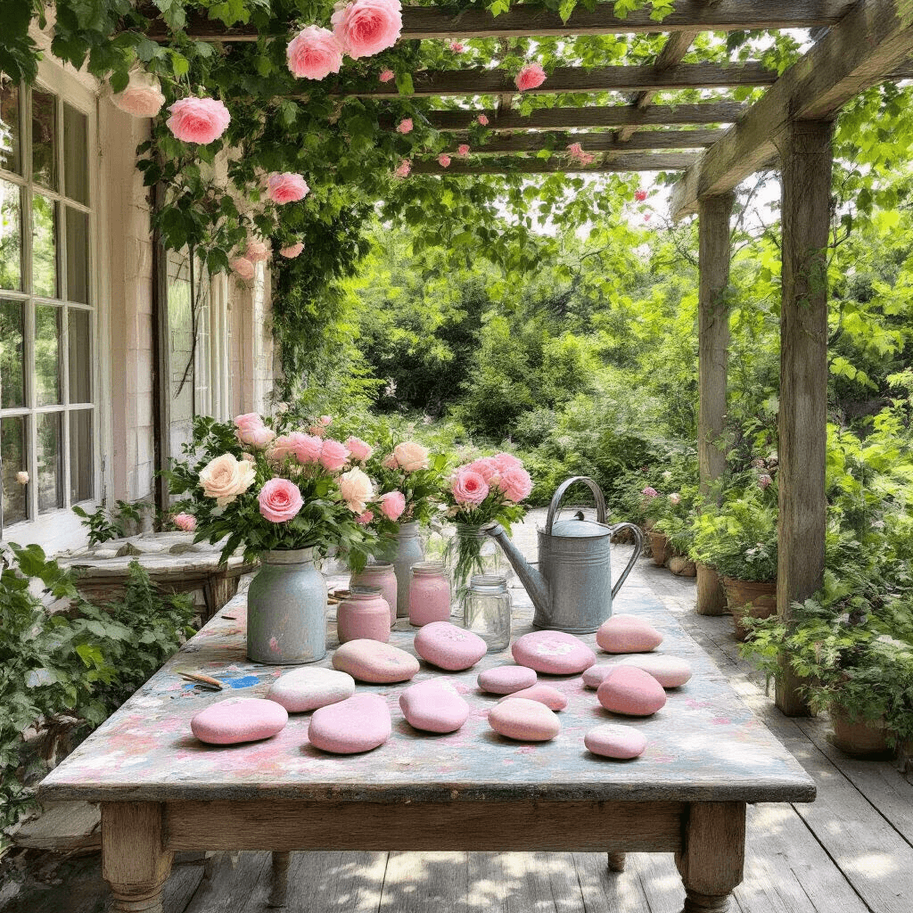 A sunlit patio art space featuring a rustic wooden table with pastel pink rocks, paint-splattered mason jars, and a vintage watering can filled with fresh flowers, all under a pergola covered in climbing roses.
