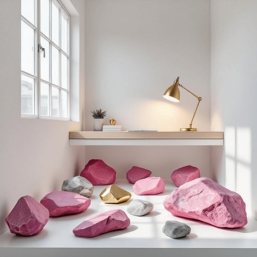 A close-up shot of a minimalist home office corner featuring a floating desk under a large window. The desk holds precisely arranged pink-painted rocks with geometric patterns, creating a striking contrast against the stark white surface. Metallic gold and silver accents catch the light, while a sleek desk lamp provides focused illumination. Natural sidelight enhances the dramatic shadows in the space.