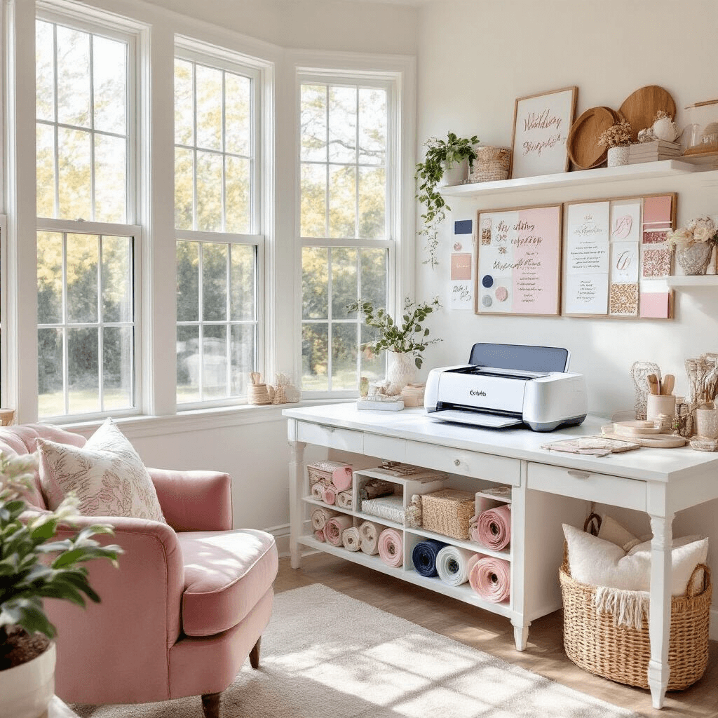 A sunlit craft room featuring a spacious white desk with a Cricut Maker, organized vinyl rolls, a mood board of wedding invitations, and displayed finished projects, complemented by a blush velvet armchair and a softly colored palette.