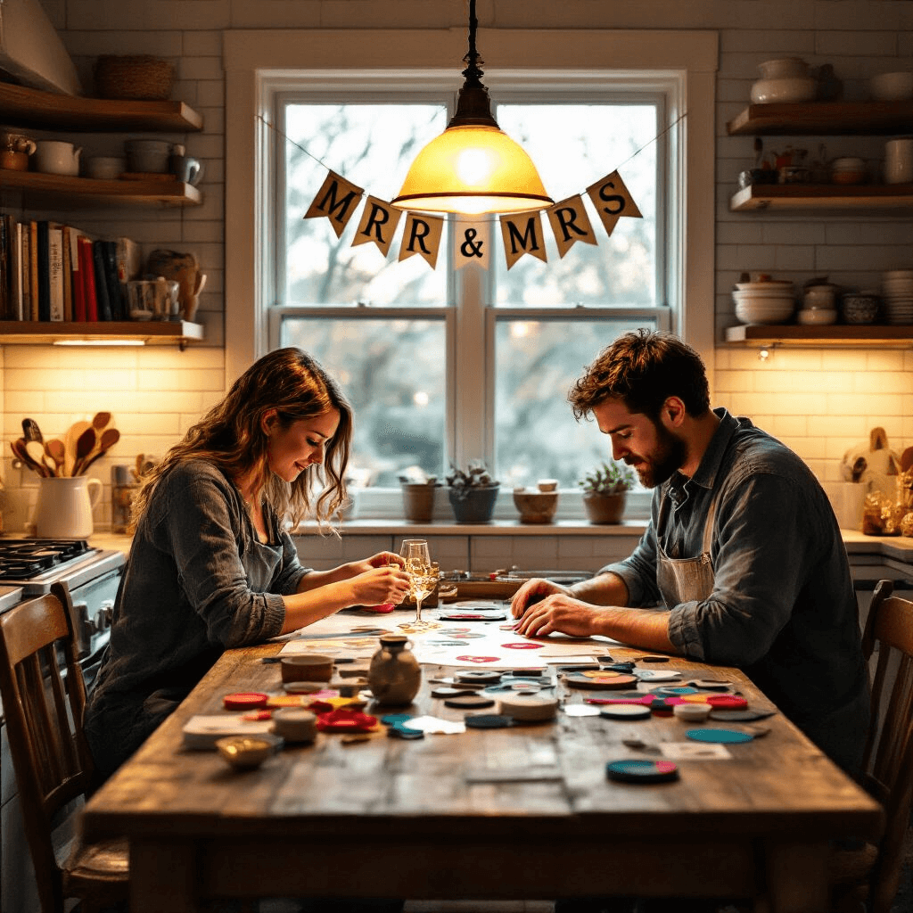 A cozy kitchen nook features a couple working on Cricut projects at a rustic wooden table, illuminated by warm evening light. She applies gold vinyl to wine glasses while he weeds a design for aprons. Crafting supplies are scattered around, and a vintage pendant light casts a soft glow, enhancing the homey atmosphere.