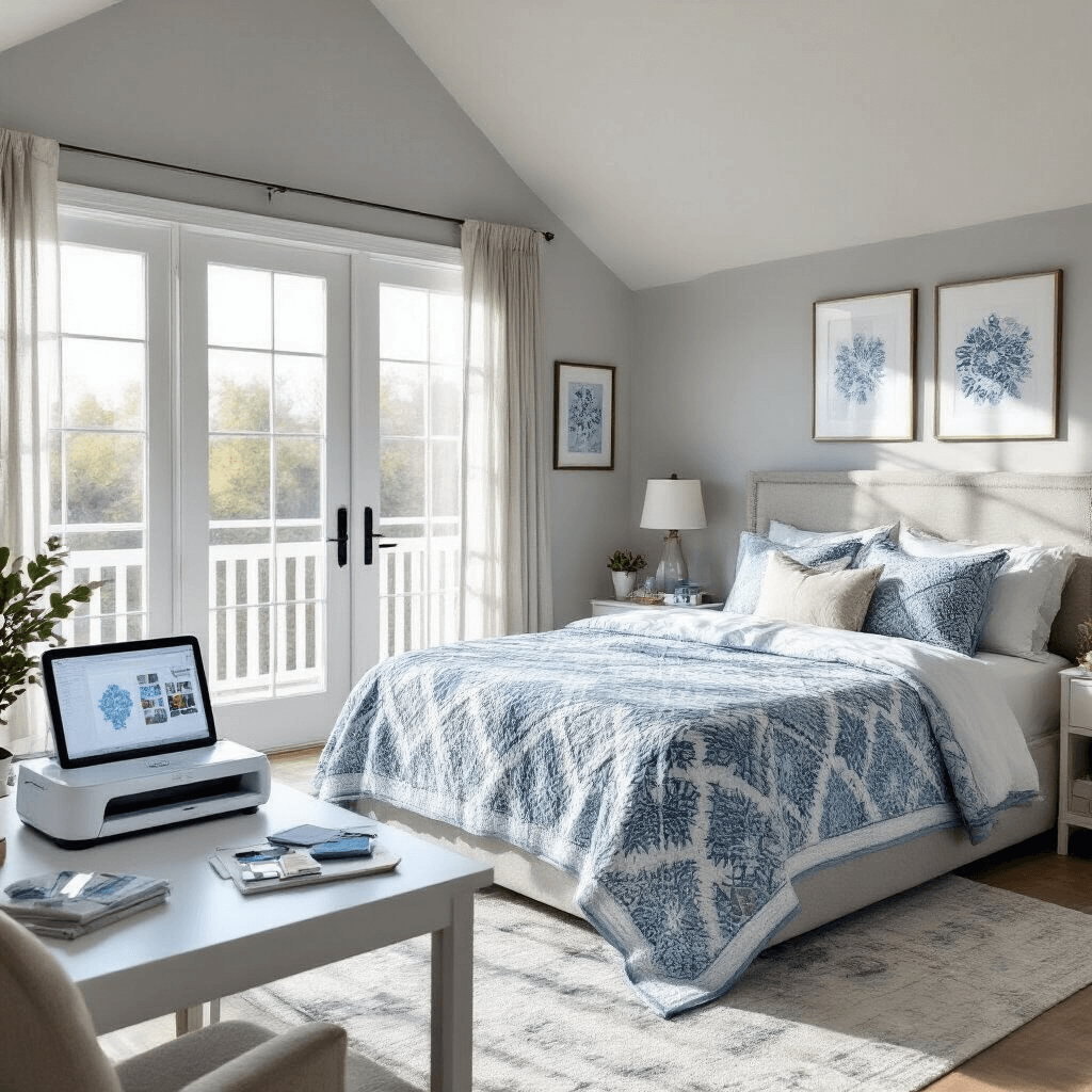 A serene master bedroom featuring vaulted ceilings and French doors to a balcony, illuminated by morning light through sheer curtains. The room contains a king-size bed with a custom blanket in soothing blues and grays, a Cricut Maker on a white desk with design materials and a laptop, and personal photos and framed artwork on the walls, all against a calming palette of soft grays, whites, and pale blue. An area rug adds warmth to the hardwood floor.