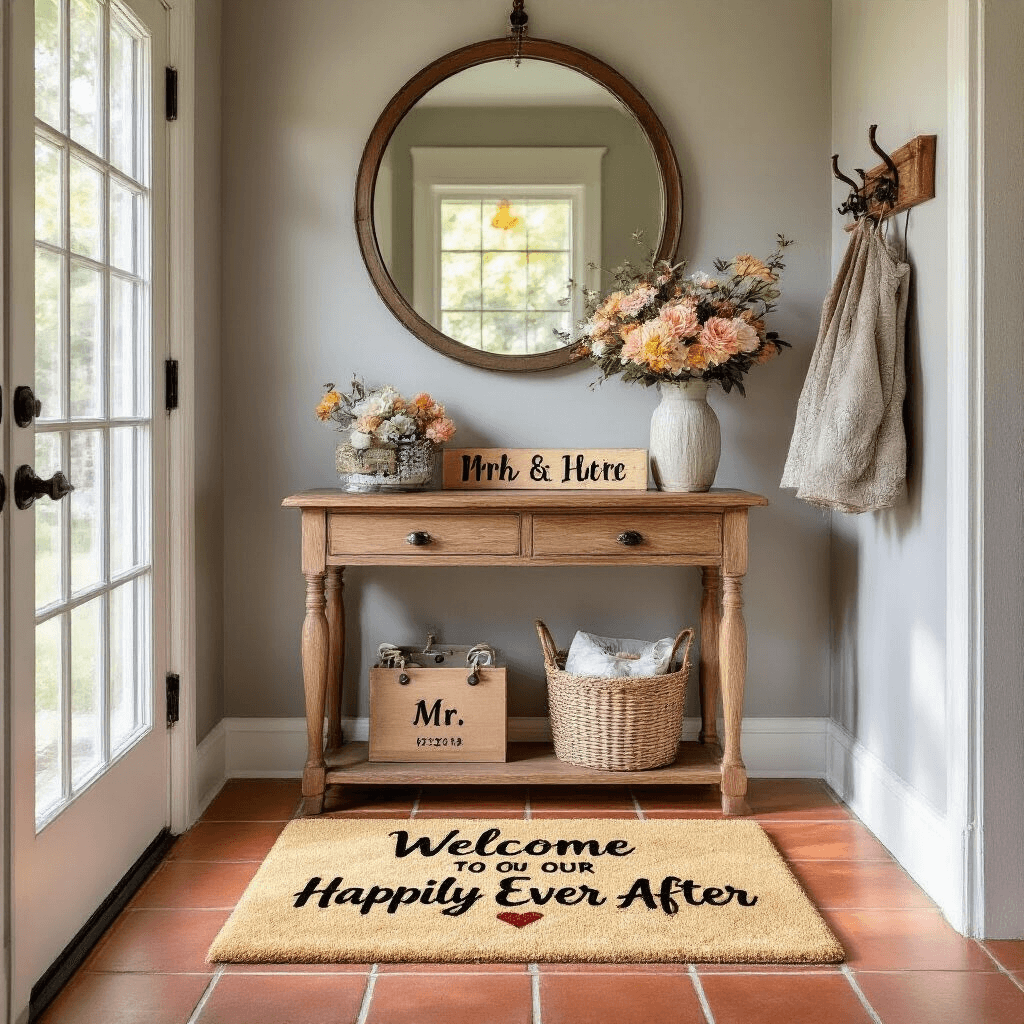 A warm entryway bathed in golden afternoon light featuring a whimsical 'Welcome to Our Happily Ever After' doormat on terracotta tiles, a rustic console table with Cricut-made items, a round mirror reflecting the light, matching 'Mr.' and 'Mrs.' robes on a coat rack, and potted plants in the corners.