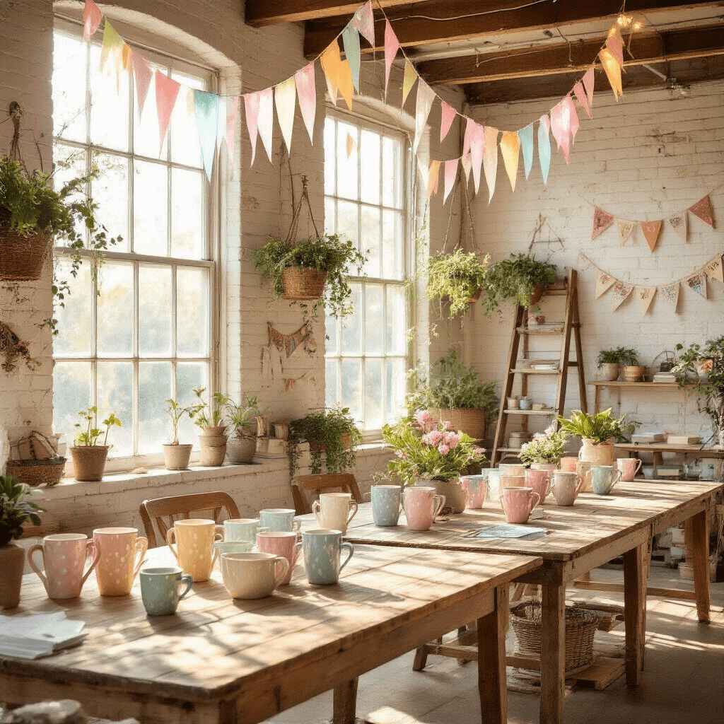 A sunlit craft room featuring rustic U-shaped wooden tables adorned with pastel streamers, jewel-toned marbled mugs, and fairy lights along white brick walls, with a vintage ladder displaying hanging plants and DIY banners.