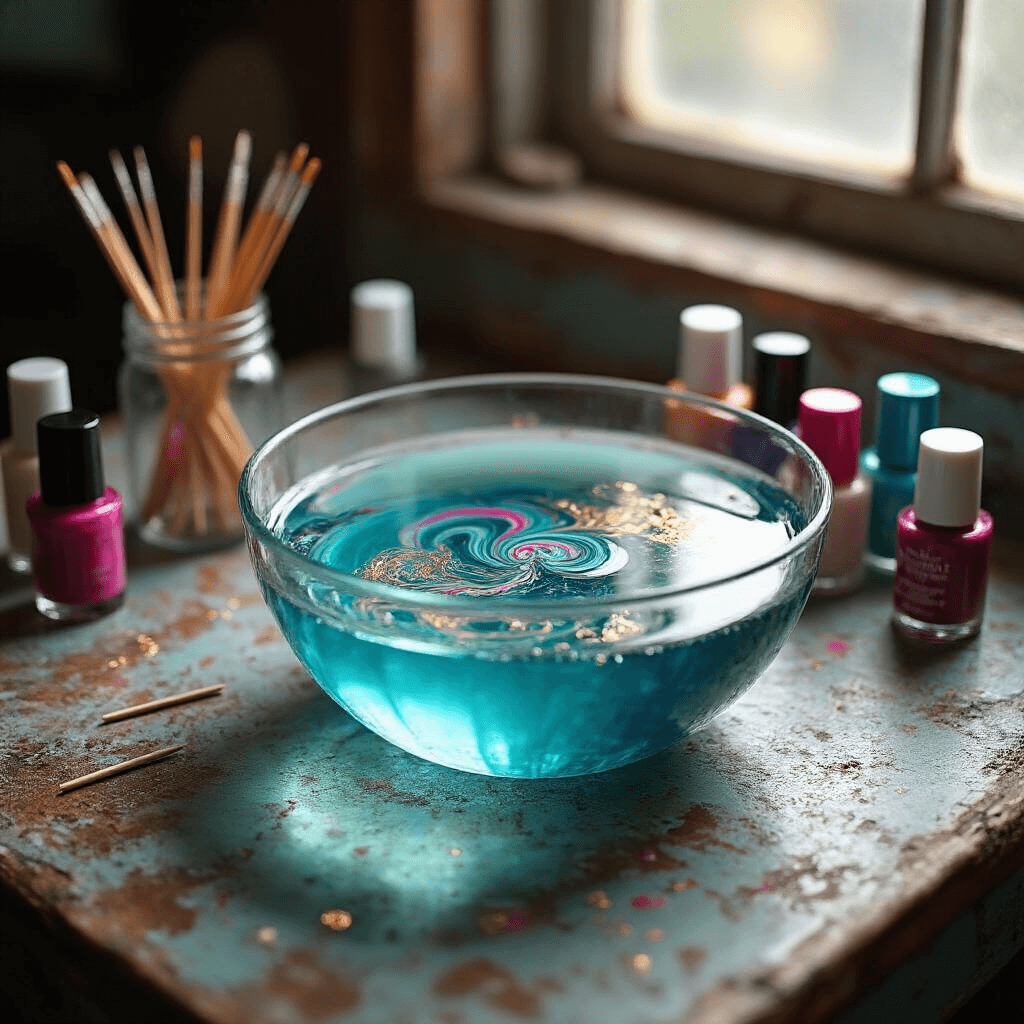 Close-up view of a water marbling station with a clear bowl of water surrounded by vibrant nail polishes, delicate turquoise, magenta, and gold swirls on the surface, toothpicks in a mason jar, and soft diffused lighting creating gentle shadows, captured at a 45-degree angle with a macro lens.