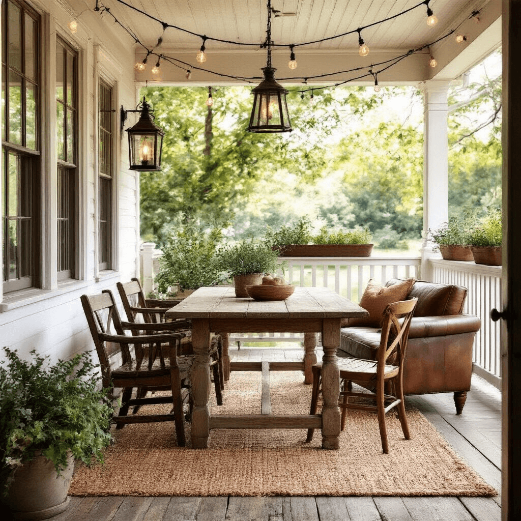 A cozy back porch scene with warm afternoon light, featuring a wooden floor, whitewashed railing, a chunky farmhouse table surrounded by mismatched chairs, a jute rug, a distressed leather armchair, potted herbs, string lights overhead, and a rustic lantern casting a golden glow.