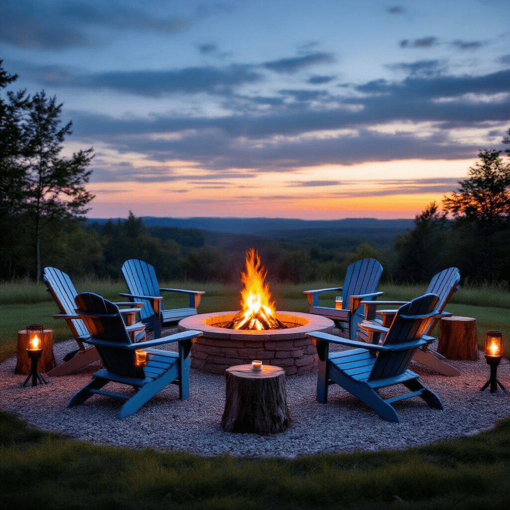 An intimate fire pit area at dusk, featuring a circular stone fire pit surrounded by weathered blue and natural wood Adirondack chairs, tree stump side tables with drinks and roasting supplies, bordered by pea gravel and soft grass, illuminated by flickering tiki torches under a fading sunset sky.