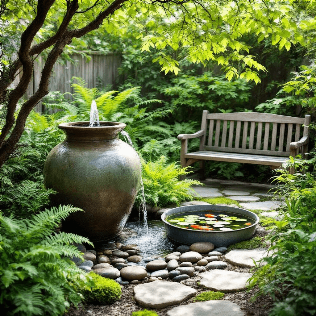 A serene garden nook featuring a DIY ceramic pot fountain surrounded by river rocks, lush ferns, and a mini-pond with water lilies and koi, with a mossy stone path leading to a rustic wooden bench, all bathed in dappled sunlight.