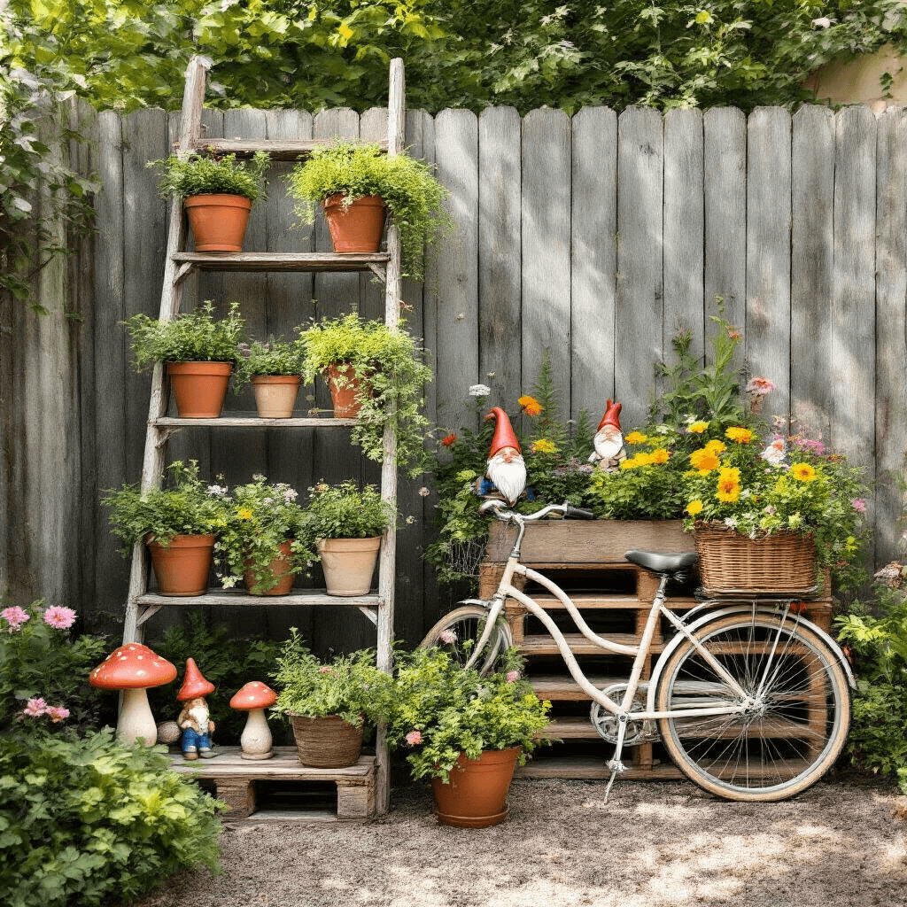 A whimsical upcycled garden vignette featuring a leaning wooden ladder adorned with terra cotta pots of cascading herbs and flowers, a colorful pallet planter, and a vintage bicycle with a basket of trailing vines, surrounded by mushroom statuettes and garden gnomes, all bathed in soft afternoon light.