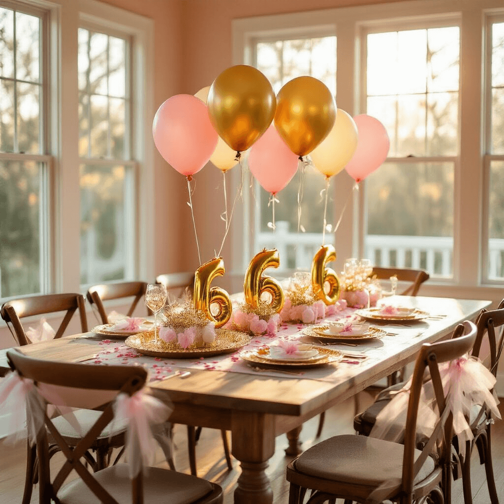 A sunlit dining room with bay windows showcases a long wooden table decorated with Dollar Store balloon and tray centerpieces featuring gold '16' balloons, pink and white confetti, and personalized name ribbons. Surrounding chairs are adorned with tulle bows, and soft blush walls enhance the warm, celebratory atmosphere.