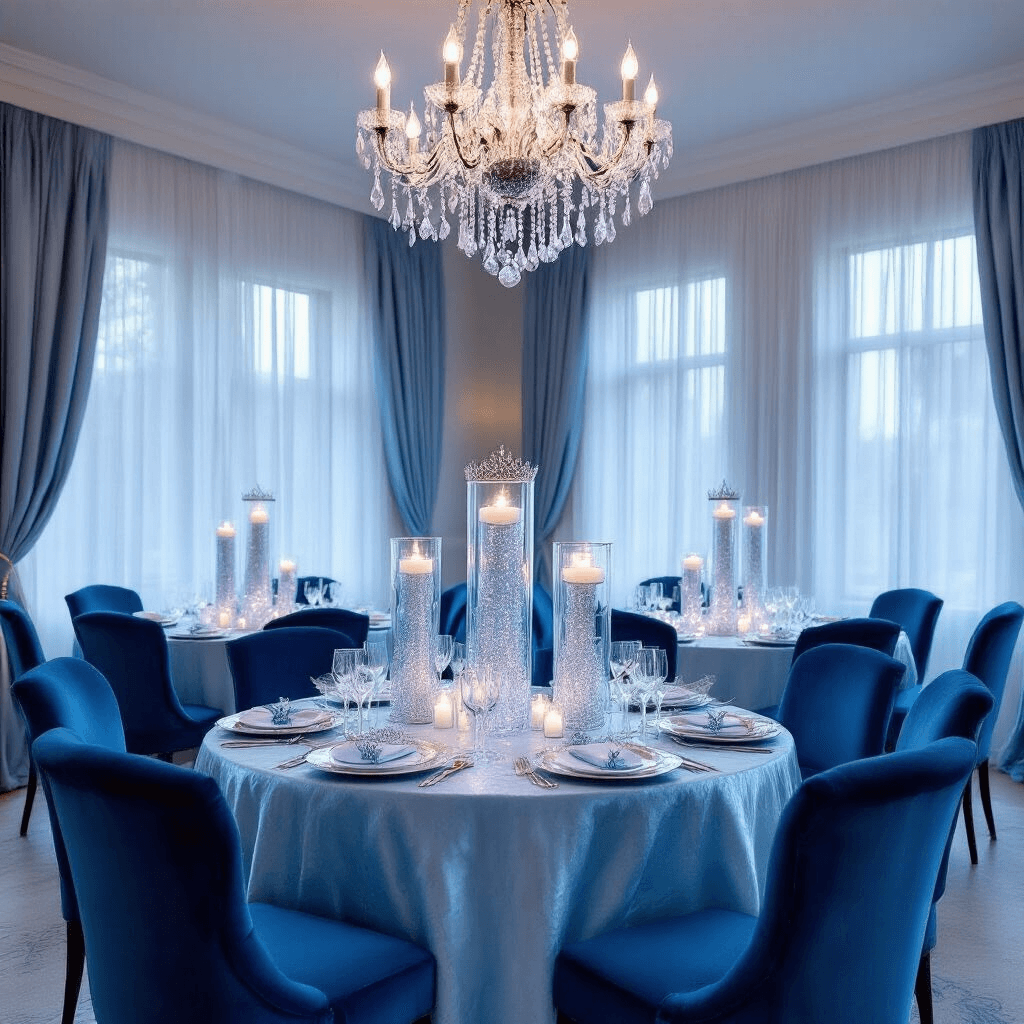 Elegant living room with high ceilings, crystal chandelier, and dusk light filtering through sheer curtains, showcasing round tables draped in ice-blue linens with Cinderella's Dream Vases, surrounded by tiny tiaras and glass slippers, complemented by rich blue velvet chairs in a dreamy atmosphere.