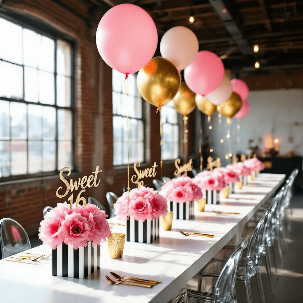 A stylish loft interior features exposed brick walls and large industrial windows, with midday sunlight casting dramatic shadows. A long white table is elegantly set with Kate Spade Chic centerpieces, consisting of black and white striped boxes adorned with pink paper flowers and glittery 'Sweet 16' signs. Above, gold confetti-filled balloons float, while ghost chairs and gold cutlery provide a modern touch. The camera captures the scene at eye level, focusing on the vibrant table against a softly blurred background.