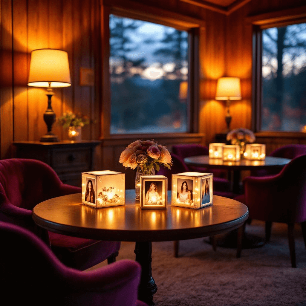 A close-up of a glowing Lit-Up Photo Cube centerpiece on a round table in a cozy den, showcasing framed photos of the birthday girl surrounded by fairy lights and silk roses, with warm lamp light and wood-paneled walls in soft focus.