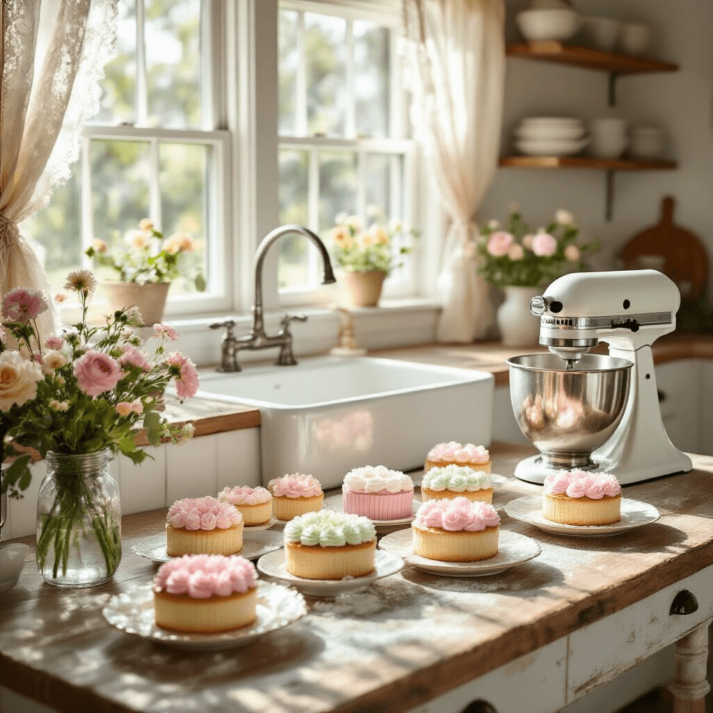 A sunlit kitchen with white shiplap walls features a weathered wooden table set with pastel mini cakes on vintage china plates, surrounded by fresh flowers in mason jars and a KitchenAid mixer dusted with flour.