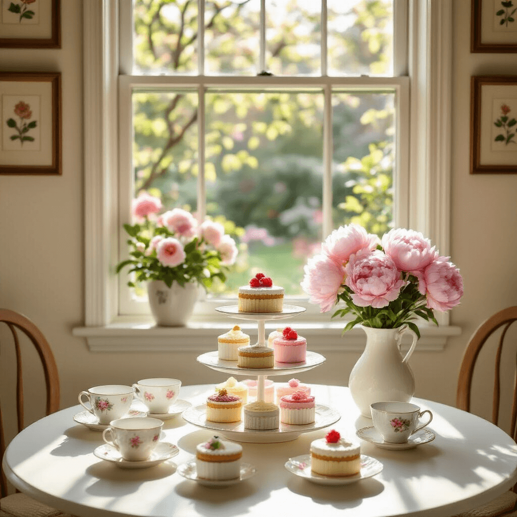 A cozy breakfast nook featuring a bay window with a view of a blooming garden, illuminated by late afternoon sun. A round white table displays a tiered cake stand with three bento box style mini cakes in pastel frostings, surrounded by delicate teacups and a vase of pink peonies, against soft cream walls adorned with botanical prints, all captured from a low angle.