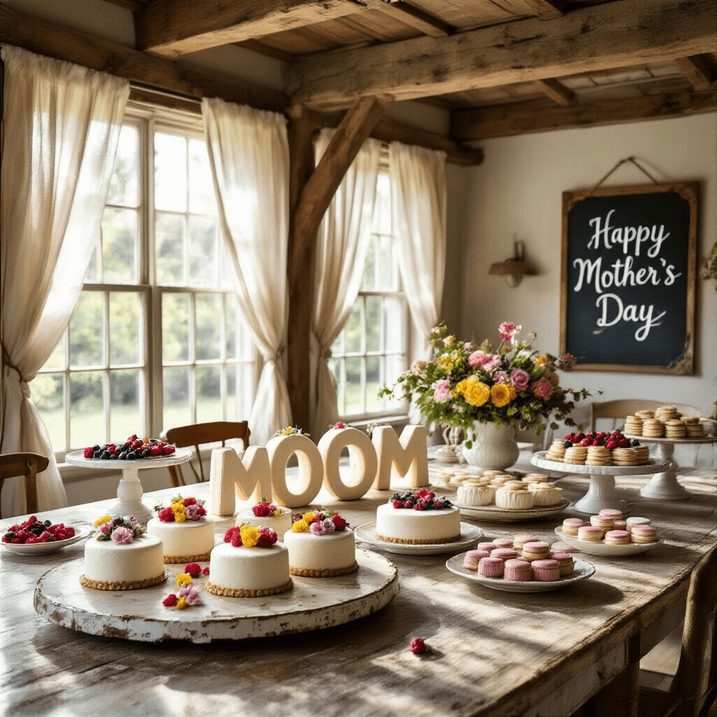 A warm and inviting rustic dining room featuring a large farmhouse table adorned with letter-shaped mini cakes spelling 'MOM' in white fondant, topped with colorful edible flowers. Vintage cake stands hold fresh berries and macarons, while dappled sunlight filters through sheer curtains, enhancing the nostalgic atmosphere. A chalkboard with 'Happy Mother's Day' in elegant script is displayed on the wall.