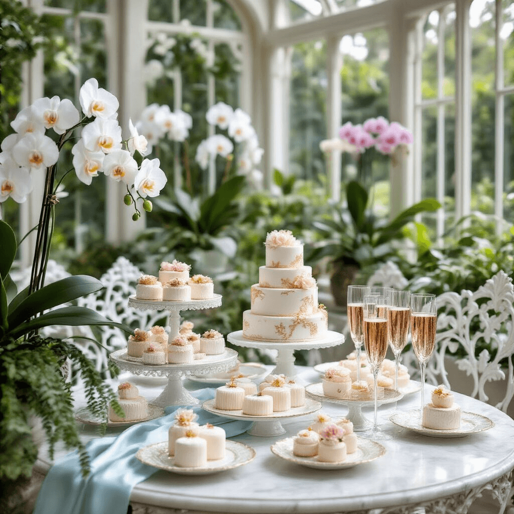 An elegant conservatory with floor-to-ceiling windows features a marble-topped table adorned with intricately decorated mini cakes, champagne flutes filled with pink bubbly, potted orchids, and ferns, all captured from a high angle to highlight the sophisticated arrangement.