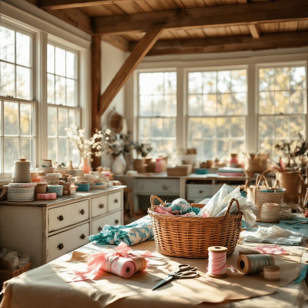 A cozy craft room filled with natural light, featuring a central worktable adorned with vibrant fabrics and ribbons, a vintage dresser with organized gift-wrapping supplies, and a partially wrapped wicker basket surrounded by colorful twine and scissors, all under exposed wooden beams.