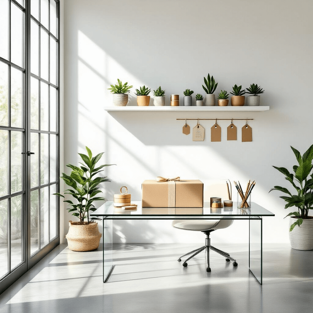 A minimalist home office featuring sleek white walls and polished concrete floors, illuminated by early morning light through floor-to-ceiling windows. A modern glass desk with a kraft paper-wrapped box surrounded by artful craft supplies, complemented by a floating shelf of potted succulents. The color scheme is monochromatic with hints of gold and green, captured in a wide-angle shot from an elevated perspective.