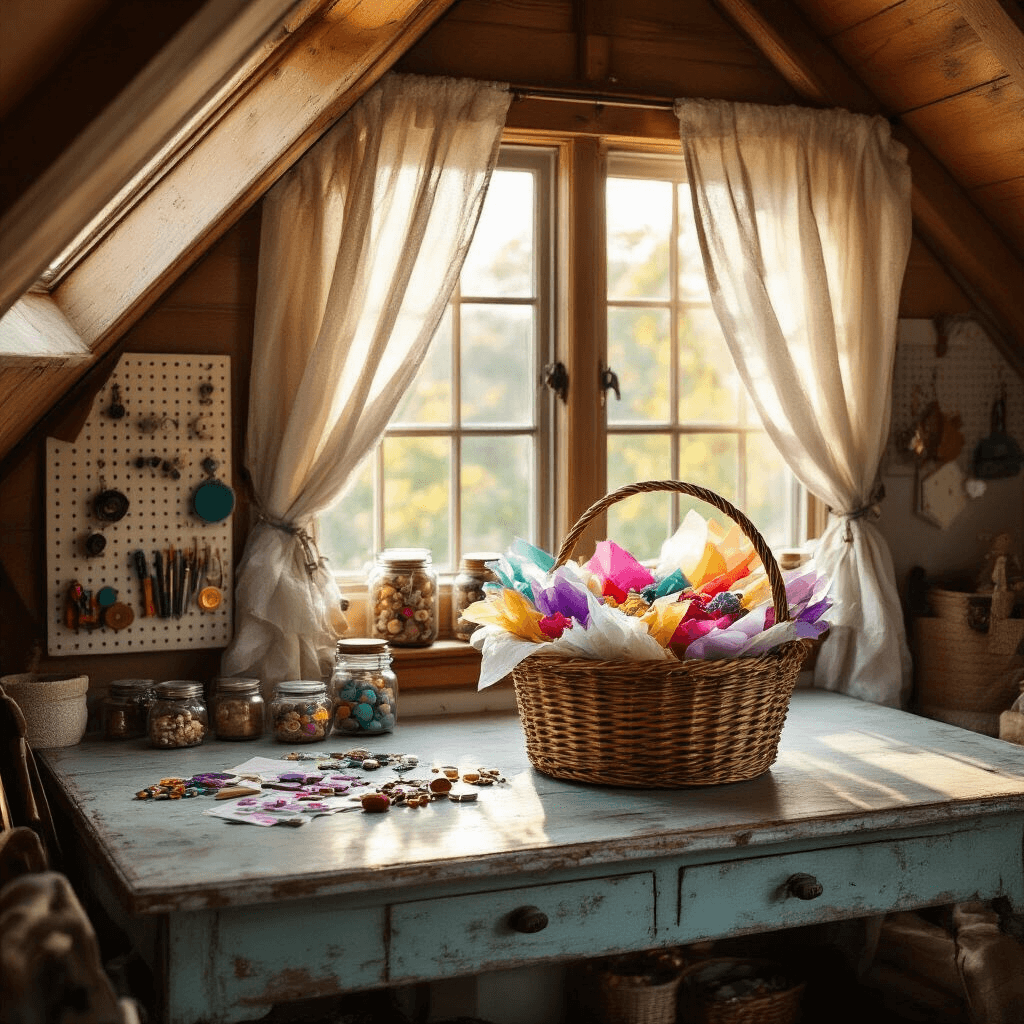A cozy attic craft nook with slanted ceilings and a dormer window. Golden hour light illuminates a distressed wooden table, centered with a colorful, cellophane-wrapped basket filled with tissue paper and ribbons. Vintage glass jars of buttons and beads adorn the windowsill, while a pegboard displays various crafting tools, all in rich purples, teals, and warm woods. The close-up shot captures the warm, dreamy atmosphere with a shallow depth of field focused on the basket.