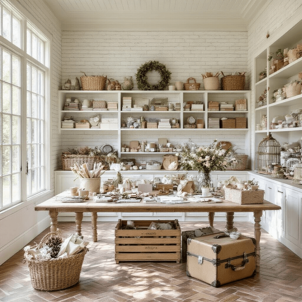 A bright sunroom with white-painted brick walls and a herringbone-patterned wooden floor, featuring a large farmhouse table piled with gift-wrapping projects. In the foreground, rustic containers like a wooden crate, vintage suitcase, and birdcage hold partially wrapped gifts with natural elements such as pinecones. A wall of shelves displays ribbons and crafting supplies, all in a neutral color scheme with sage green and dusty blue accents.