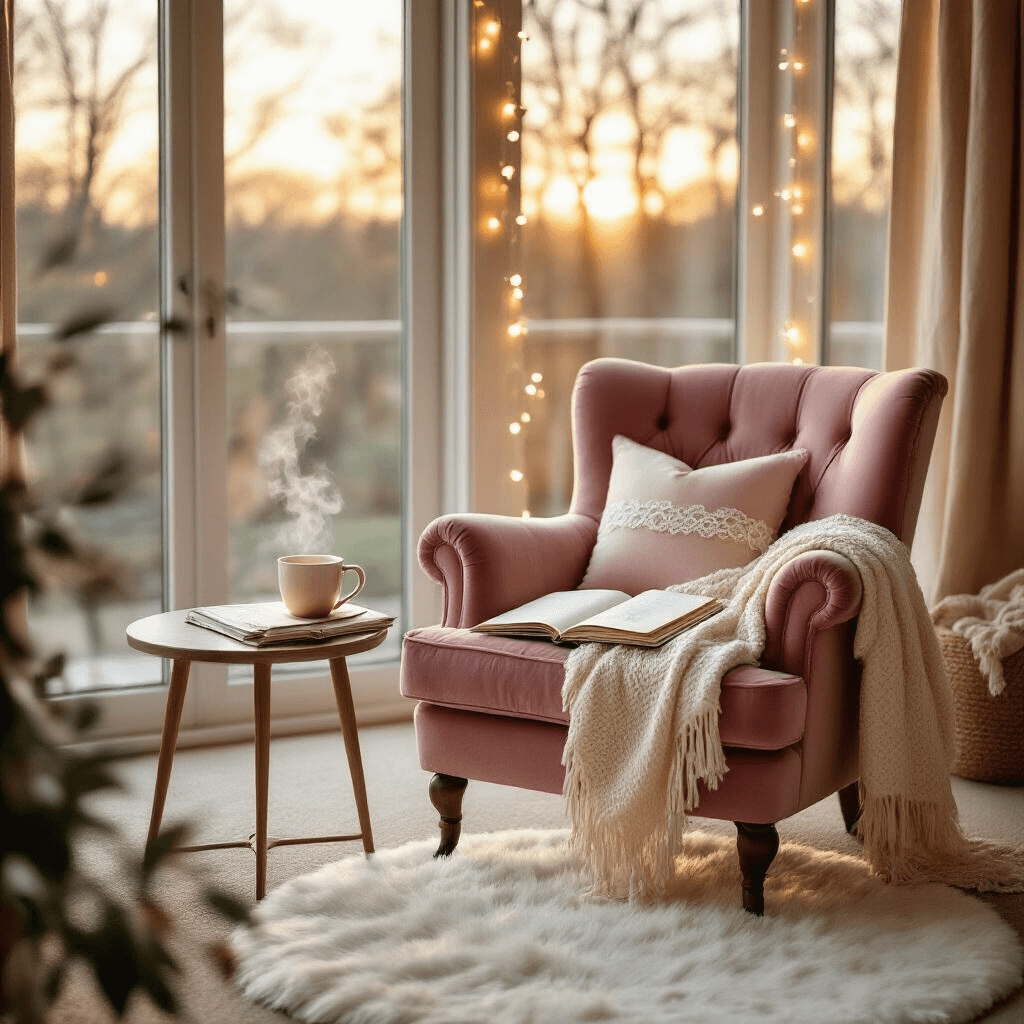 A cozy corner of a living room features a plush dusty rose velvet armchair with a cream knit throw, a side table holding a steaming mug of tea and an open scrapbook displaying a bridesmaid letter pocket in blush pink and lace. Soft golden hour light streams through floor-to-ceiling windows, with fairy lights above and a soft beige carpet complemented by a circular white faux fur rug, all in a dreamy, nostalgic atmosphere.