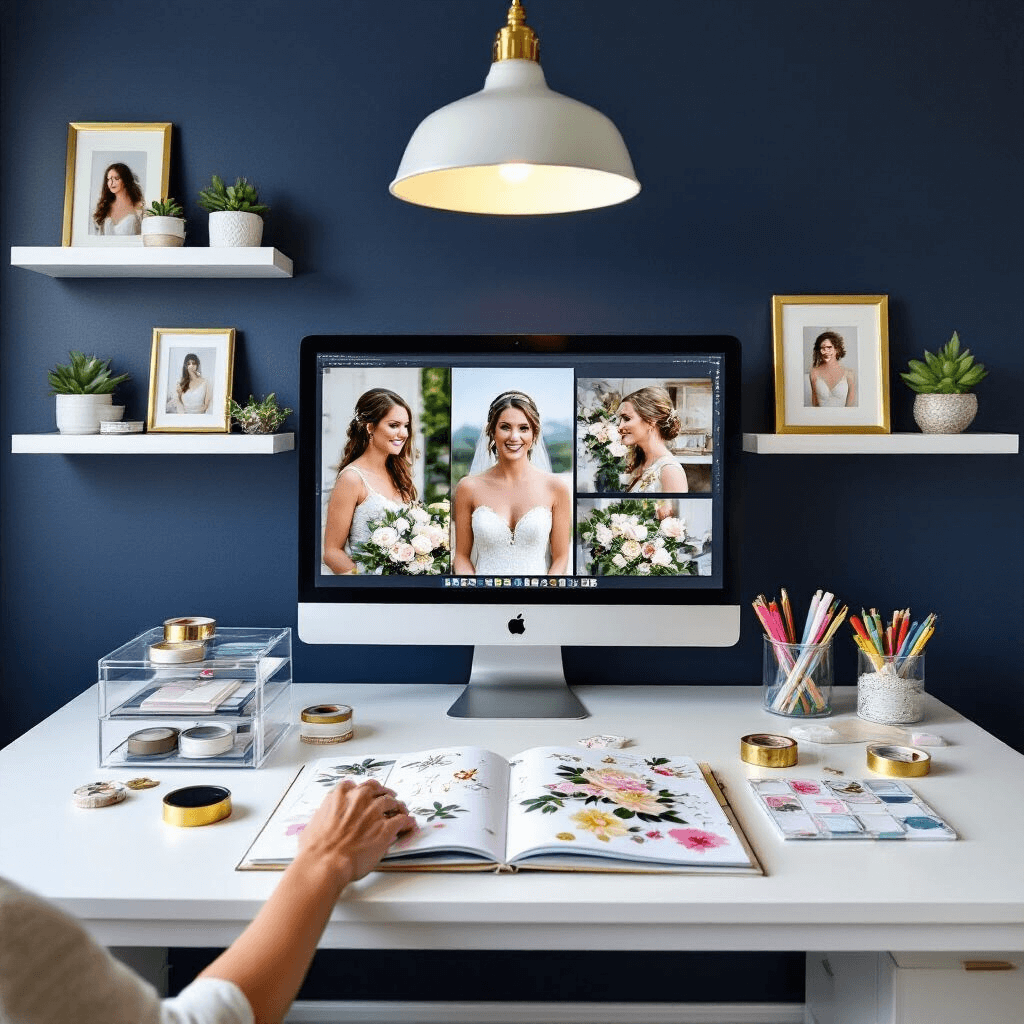 A modern home office with a sleek white desk against a navy wall, showcasing a large computer monitor with wedding photos and a scrapbook layout in progress, featuring gold foil accents and floral die-cuts. Acrylic organizers hold washi tape and colorful pens. Floating shelves display framed photos and potted succulents. A pendant light illuminates the scene, with a camera angle focusing on hands arranging scrapbook elements.