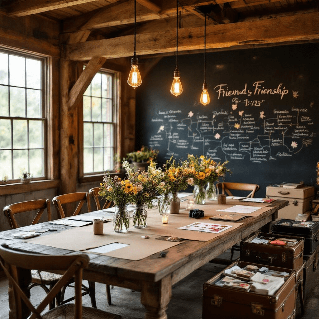 A rustic dining room with exposed wooden beams features a large farmhouse table covered in kraft paper, surrounded by scrapbooking stations for bridesmaids. The warm ambient light from Edison bulb pendants illuminates mason jars filled with wildflowers, while open vintage suitcases display fabric swatches and pressed flowers. A chalkboard wall showcases a hand-drawn timeline of friendship milestones, creating a cozy and whimsical atmosphere.
