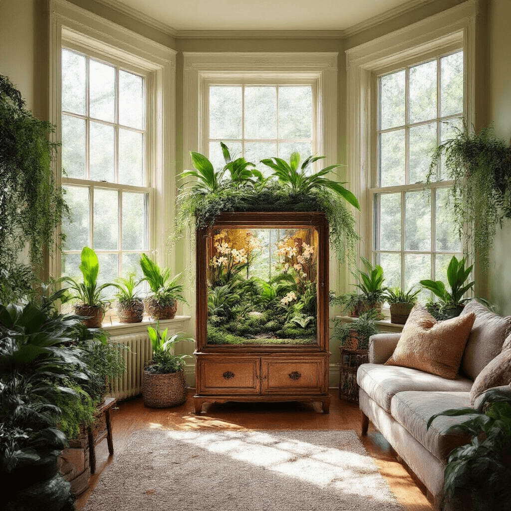 A sunlit living room featuring large bay windows, with a custom-built orchidarium in the corner showcasing Masdevallia and Dracula orchids amidst ferns and bromeliads. The room is adorned with soft greens, warm woods, and vibrant orchid purples, complemented by a reading chair and side table, evoking a serene and inviting atmosphere.