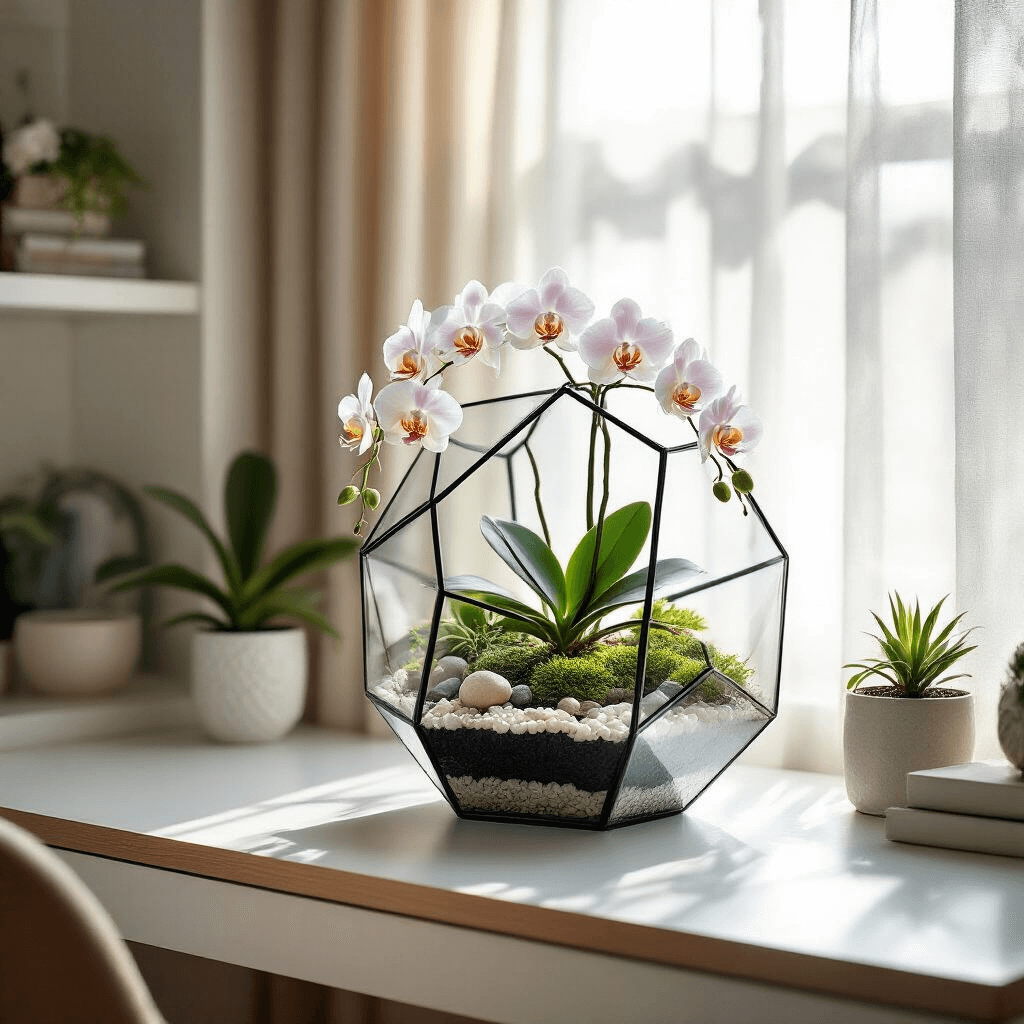 A cozy home office nook featuring a built-in desk and a geometric glass terrarium filled with miniature Phalaenopsis orchids, softly illuminated by late morning light filtering through sheer curtains. The arrangement includes pebbles, activated charcoal, and orchid substrate, with tiny air plants and sheet moss for added texture. The color scheme of crisp whites, clear glass, and vivid orchid pinks and yellows contrasts against cool gray walls, with floating shelves displaying orchid care books and plant-themed decor. Close-up view highlights the terrarium, with the office space blurred in the background.