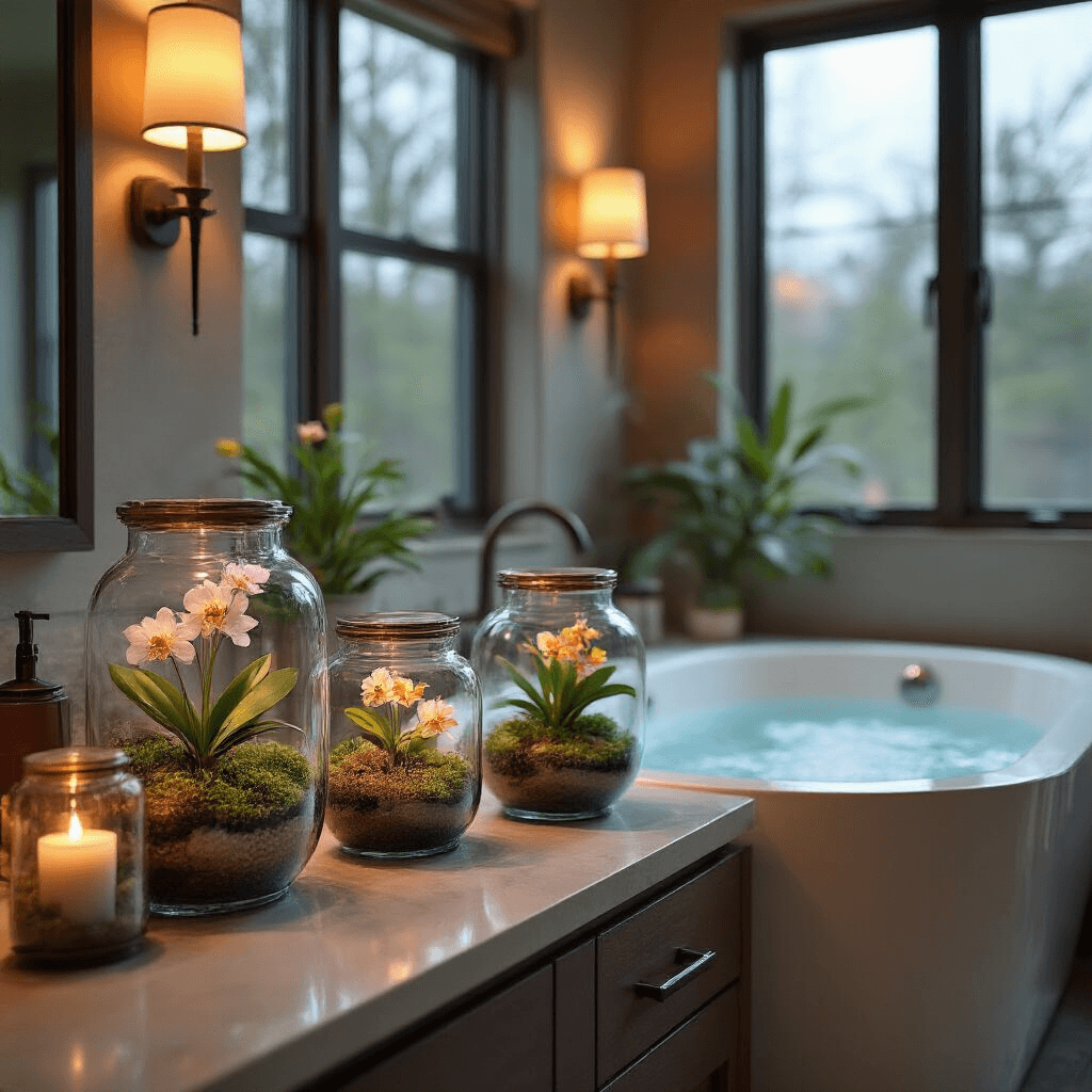 A luxurious master bathroom featuring a freestanding soaking tub, dusk light through frosted windows, warm dimmable sconces, and a sleek floating vanity adorned with glass jar terrariums housing vibrant miniature orchids, accented by polished river stones and Spanish moss, all reflecting the bathtub in the background mirror, creating a tranquil spa-like atmosphere.